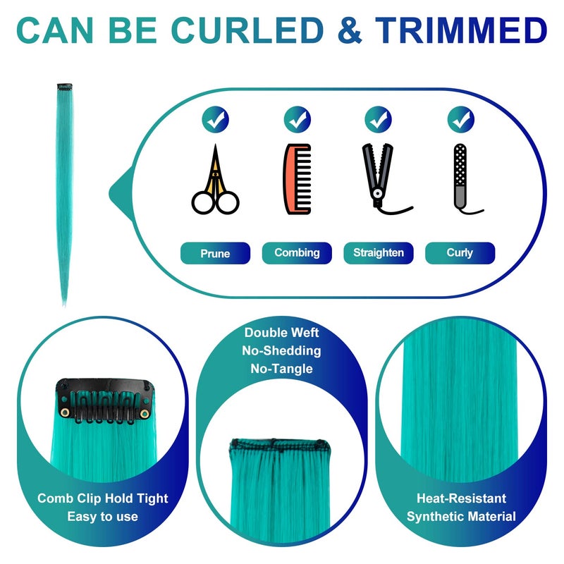 TOFAFA 22 inch Colored Hair Extensions Straight Hairpiece, Multi-colors Party Highlights Clip in Synthetic Hair Extensions for Women Kids Girls(10 PCS Teal Blue) - Image 4