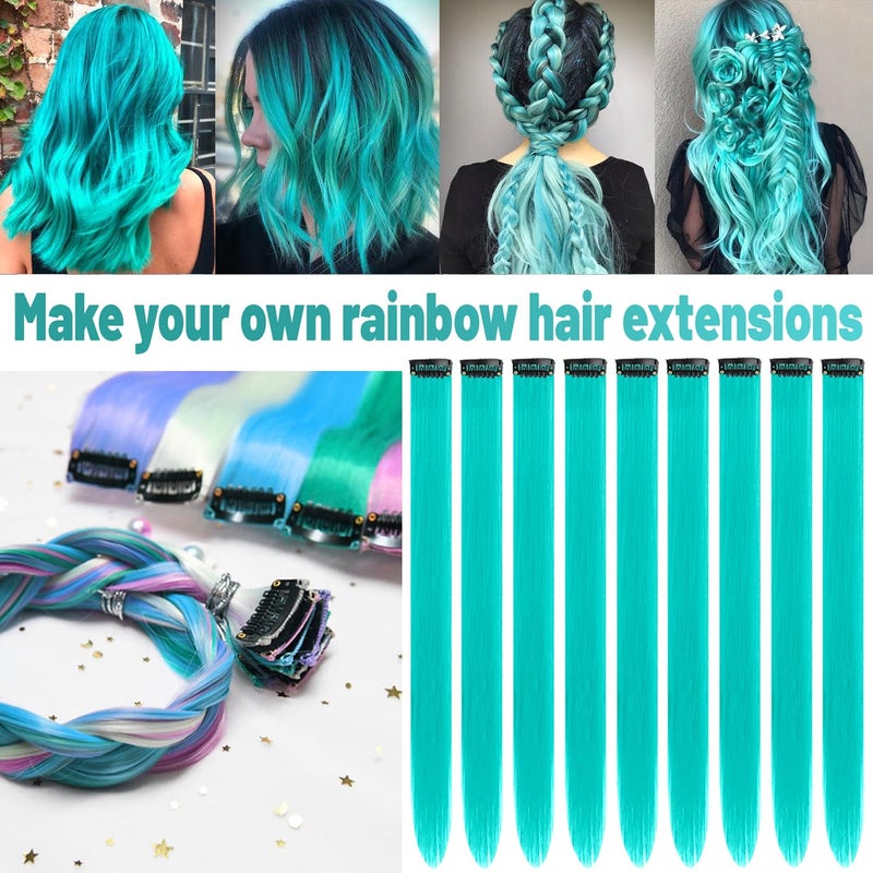 TOFAFA 22 inch Colored Hair Extensions Straight Hairpiece, Multi-colors Party Highlights Clip in Synthetic Hair Extensions for Women Kids Girls(10 PCS Teal Blue) - Image 2