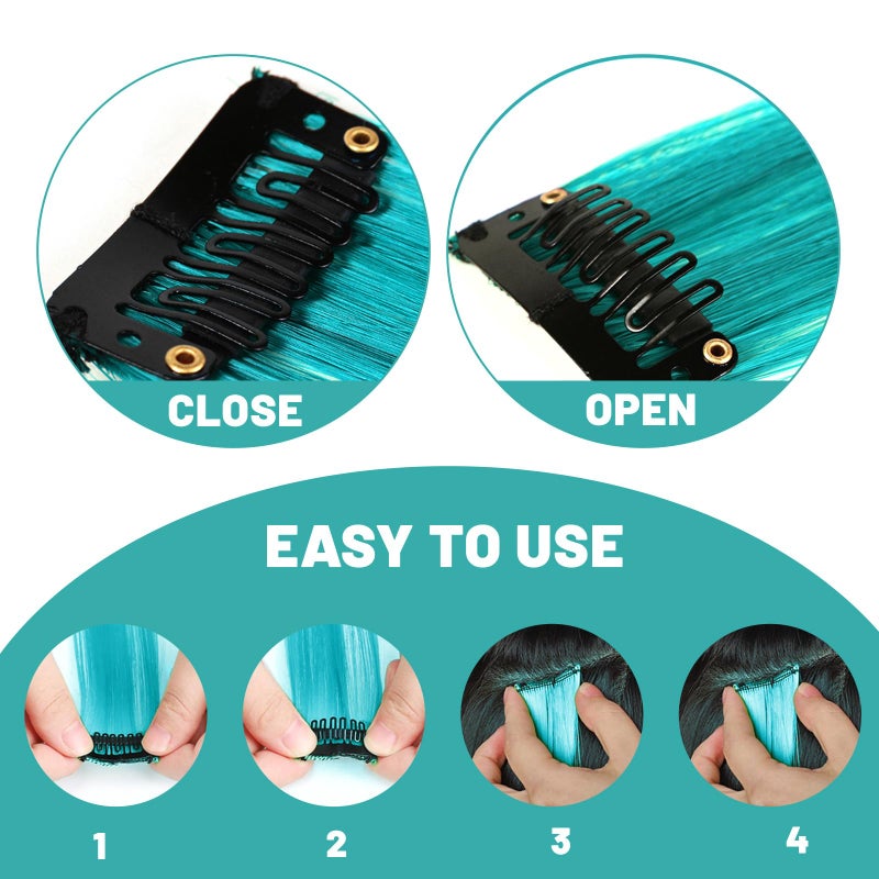 TOFAFA 22 inch Colored Hair Extensions Straight Hairpiece, Multi-colors Party Highlights Clip in Synthetic Hair Extensions for Women Kids Girls(10 PCS Teal Blue) - Image 5