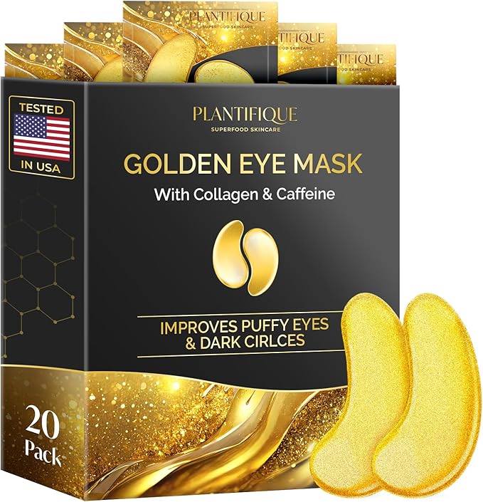 Plantifique Under Eye Gel Patches 20 Pairs Gold Under Eye Patches for Dark Circles with Collagen Caffeine Cooling Eye Mask for Puffy Eyes and Bags Gel Eye Pads Under Eye Masks Skincare - Image 1