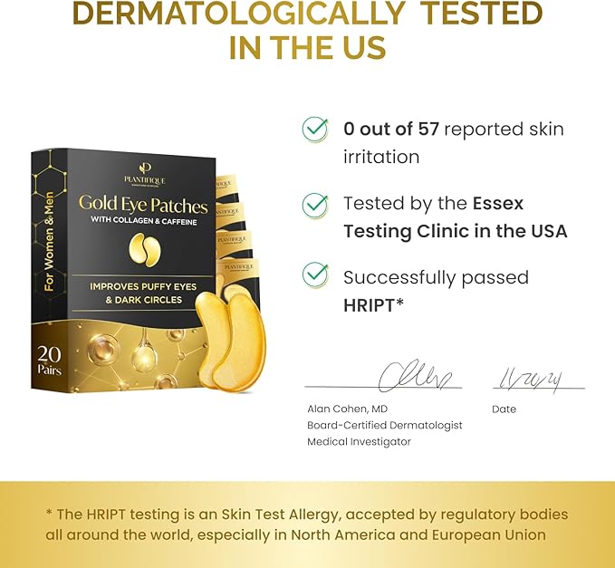 Plantifique Under Eye Gel Patches 20 Pairs Gold Under Eye Patches for Dark Circles with Collagen Caffeine Cooling Eye Mask for Puffy Eyes and Bags Gel Eye Pads Under Eye Masks Skincare - Image 5