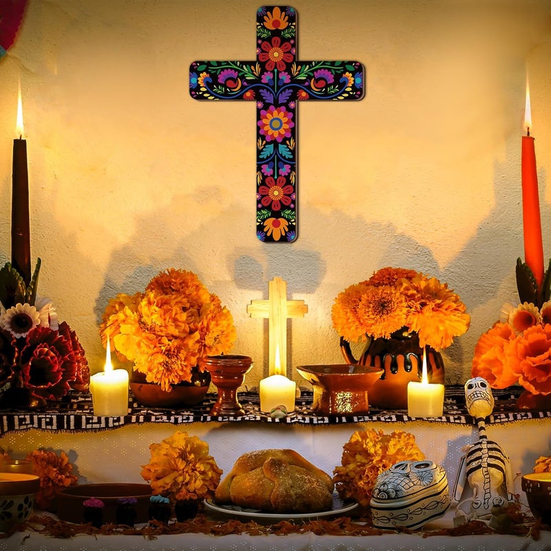 Maitys ديكور حائط صليب مزخرف مزخرف يدويًا صليب خشبي ملهم فن مكسيكي لديكور الحائط صليب مكسيكي لتزيين المنزل أو الغرفة أو الكنيسة (أسلوب ريترو) - Image 2