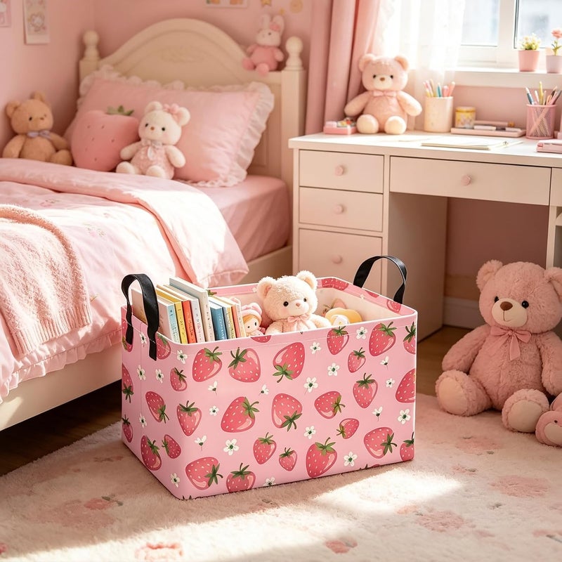 FANKANG Storage Bins,Nursery Hamper Canvas Laundry Basket Foldable with Waterproof PE Coating Storage Baskets for Boys and Girls, Office, Bedroom, Clothes,Toys(Rec-Strawberry - Image 5