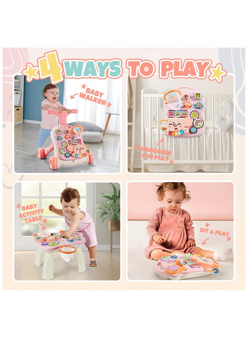 NNEWVANTE عربة دفع للأطفال 2 في 1 ومركز نشاط، عربة للجلوس والوقوف للأطفال من 12 شهرًا فما فوق، ألعاب مشي مع لوحة موسيقية للأطفال الرضع والصغار لتعلم المشي باللون الوردي - Image 2