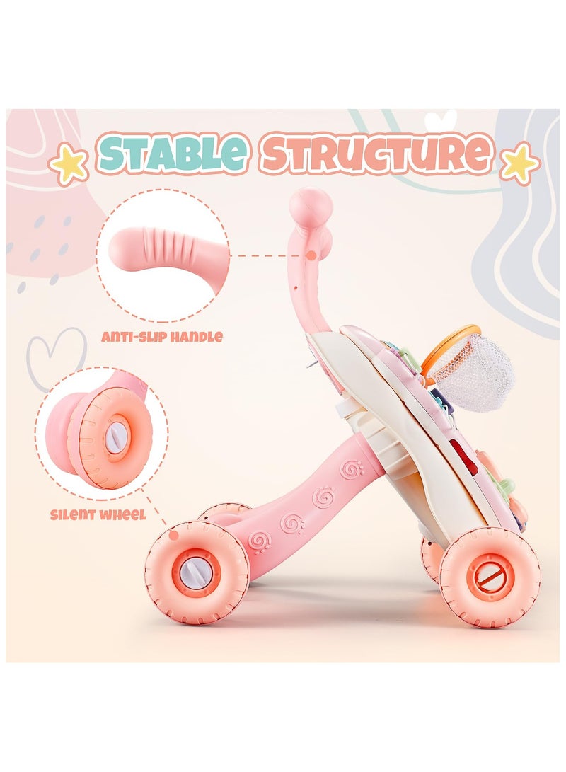 NNEWVANTE عربة دفع للأطفال 2 في 1 ومركز نشاط، عربة للجلوس والوقوف للأطفال من 12 شهرًا فما فوق، ألعاب مشي مع لوحة موسيقية للأطفال الرضع والصغار لتعلم المشي باللون الوردي - Image 5