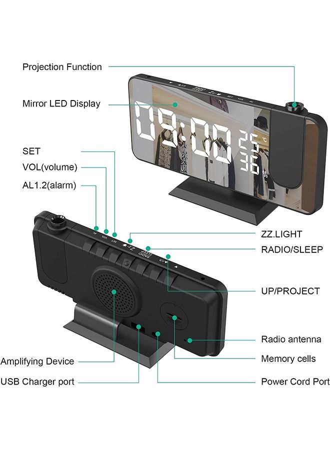غرفة نوم سقف الإسقاط المنبه ، الناقل التسلسلي العام شاحن مع منفذ الراديو عرض درجة الحرارة والرطوبة 7.3 بوصة شاشة LED 12 / 24 ساعة سنوز مزدوج اللغة - 4 باهتة - Image 2