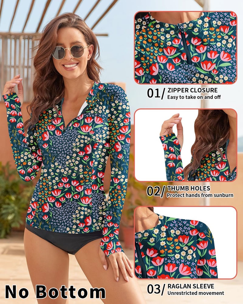 WOWENY Women Rash Guard Long Sleeve Swimsuit Top UPF 50 Sun Protection Swim Shirts Half Zip Bathing Suit No Bottom(A-Blue | Tulip, Large) - Image 4