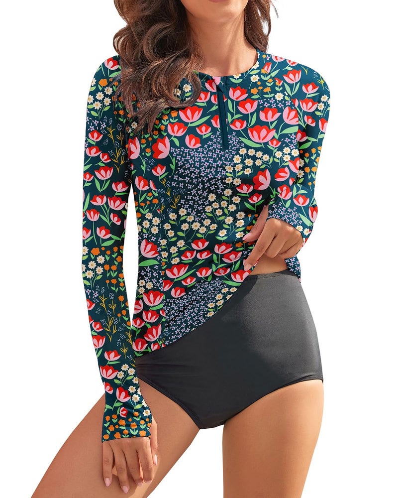 WOWENY Women Rash Guard Long Sleeve Swimsuit Top UPF 50 Sun Protection Swim Shirts Half Zip Bathing Suit No Bottom(A-Blue | Tulip, Large) - Image 1