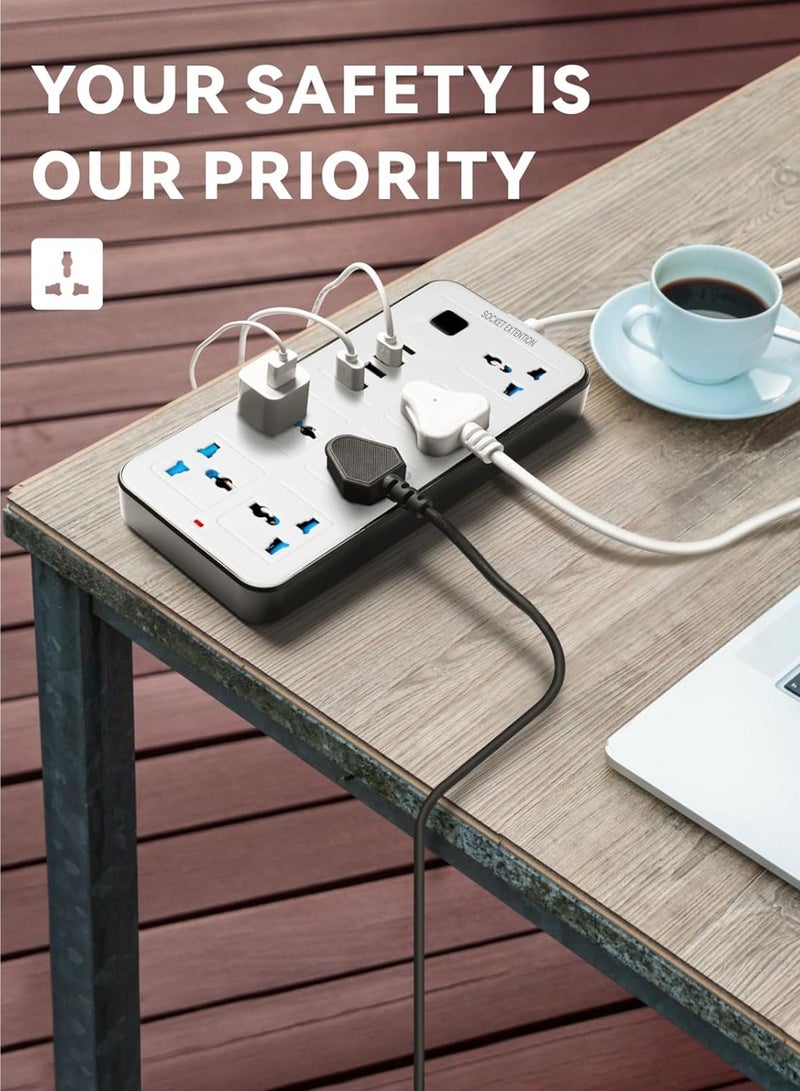 NextWave 3 meters Universal Extension Lead with Multiple Function UK Plug 3 Pin Socket Outlet with 8 Gang 3 USB Port 1 Type-C Port 3M Electric Socket Mains Strip for Home Kitchen and Office 3 meters - Image 5