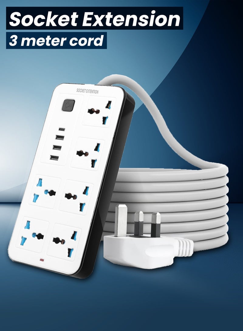 NextWave 3 meters Universal Extension Lead with Multiple Function UK Plug 3 Pin Socket Outlet with 8 Gang 3 USB Port 1 Type-C Port 3M Electric Socket Mains Strip for Home Kitchen and Office 3 meters - Image 1
