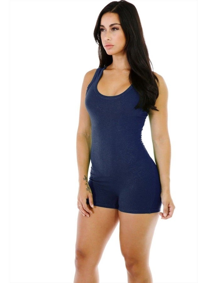 Boolavard Short Romper Jumpsuit Leotard Sleeveless Top Women Stretch BlouseLady Bodysuit (Navy, S) - Image 1
