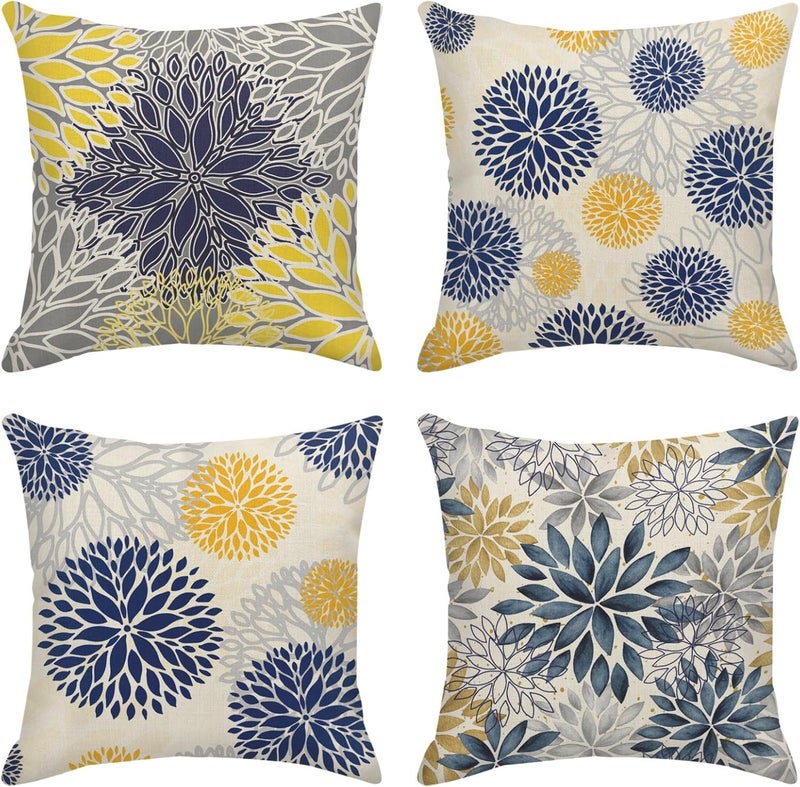 Sanwarm Throw Pillow Covers Home Decor Set of 4 Pillow Cases Decorative 18 x 18 Inches Outdoor Cushion Couch Sofa Pillowcases Spring Floral Blue Yellow Navy - Image 1