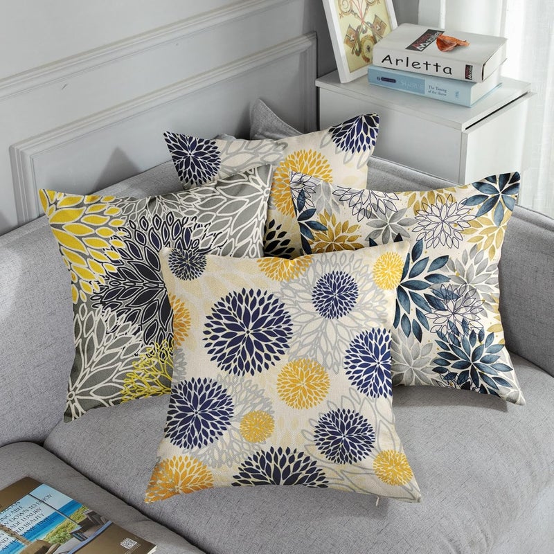 Sanwarm Throw Pillow Covers Home Decor Set of 4 Pillow Cases Decorative 18 x 18 Inches Outdoor Cushion Couch Sofa Pillowcases Spring Floral Blue Yellow Navy - Image 5