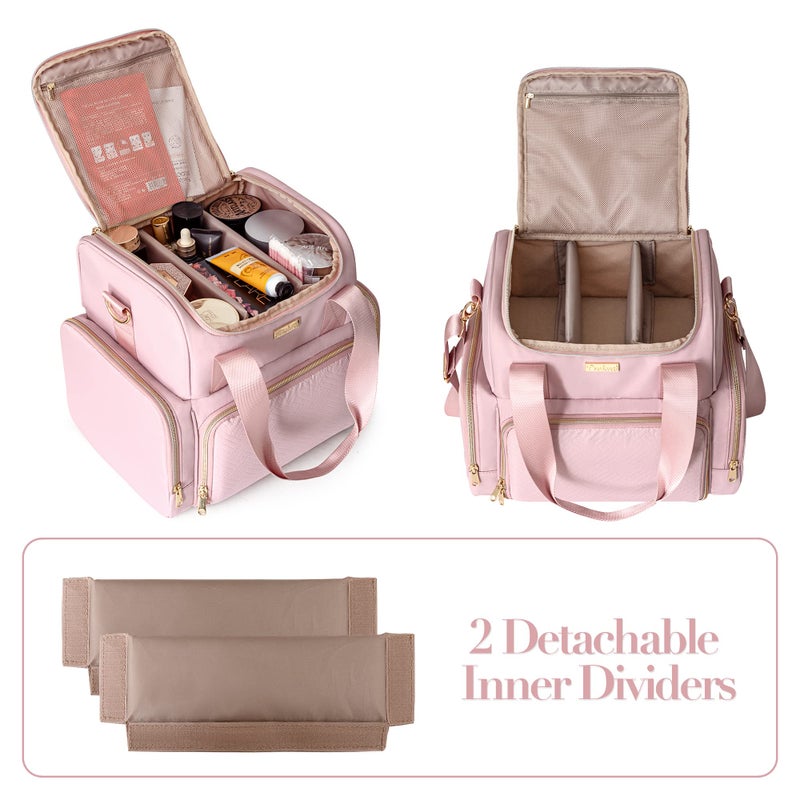 Prokva Large Makeup Cosmetic Bag with 3 Removable Case, Double Layer Travel Makeup Organizer Case with Inner Dividers and Makeup Brushes Storage Section, Pink (Patented Design) - Image 3