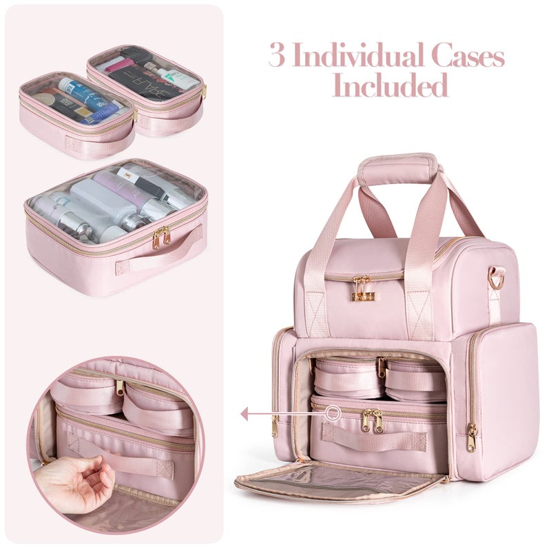 Prokva Large Makeup Cosmetic Bag with 3 Removable Case, Double Layer Travel Makeup Organizer Case with Inner Dividers and Makeup Brushes Storage Section, Pink (Patented Design) - Image 2