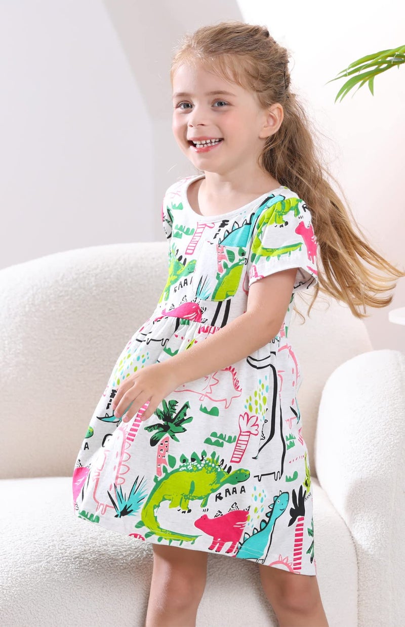 Frogwill Toddler Girls Green Dinosaur Dress Tunic Short Sleeve Summer Casual Clothes, Gray, 4t - Image 2
