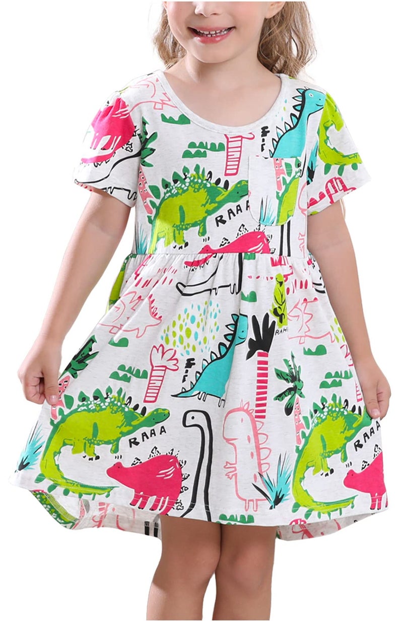Frogwill Toddler Girls Green Dinosaur Dress Tunic Short Sleeve Summer Casual Clothes, Gray, 4t - Image 1