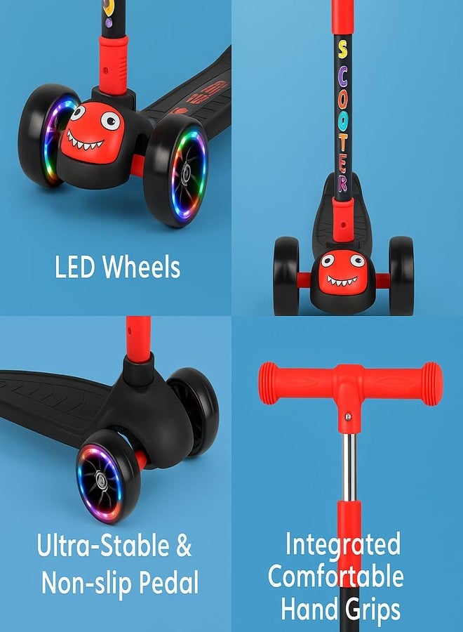 MLU Kids 3-Wheel Scooter with LED Light-Up Wheels, Adjustable Handlebar, Cartoon Face Design, Foldable Kick Scooter for Boys (red) - Image 2