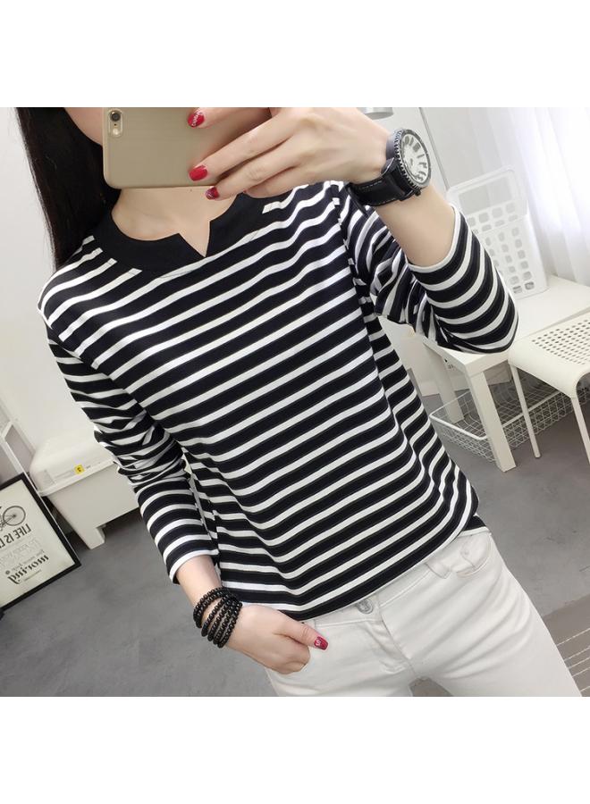 VUELO Plus Size Loose Long-sleeved T-shirt Women's Autumn Clothes Pure Cotton Base Shirt Black And White Striped Top