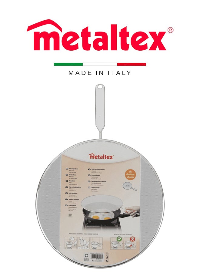 Metaltex شاشة تناثر ميتالتكس 29 سم، واقي دهون من الألمنيوم مع ثقوب دقيقة، مقبض سلكي مع قبضة بلاستيكية، واقي من تناثر الزيت للمقالي والقدور - Image 1