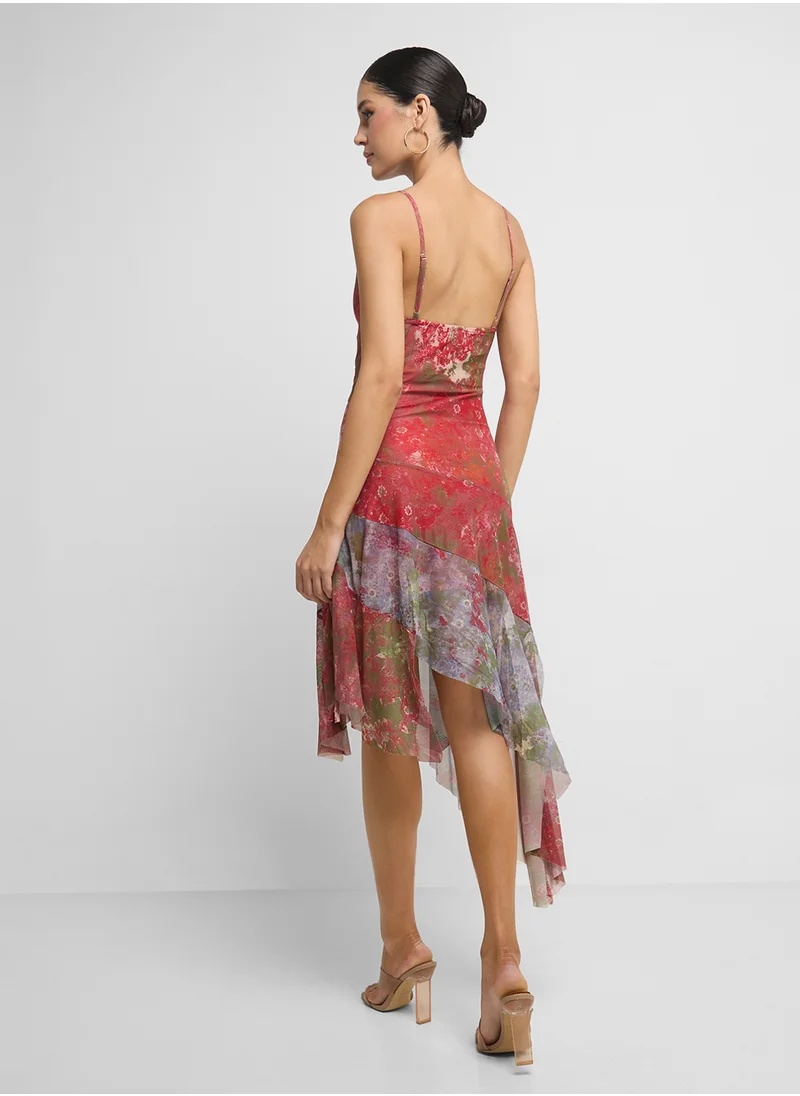 جينجر Strappy Floral Assymetric Dress