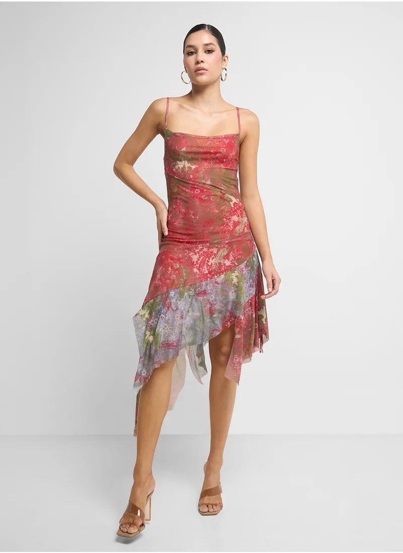جينجر Strappy Floral Assymetric Dress