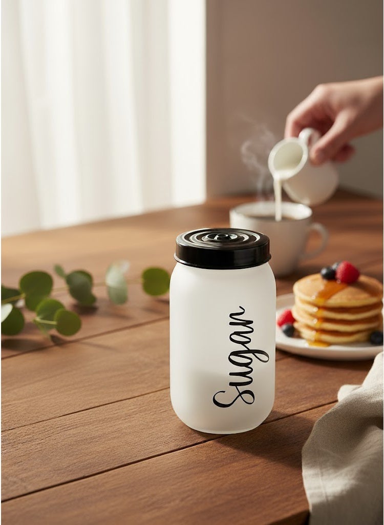 Solmazer Herevin 1-Liter Decorated Glass Sugar Jar with Lid | White Ice Color-Painted Storage Canister for Kitchen - Image 3