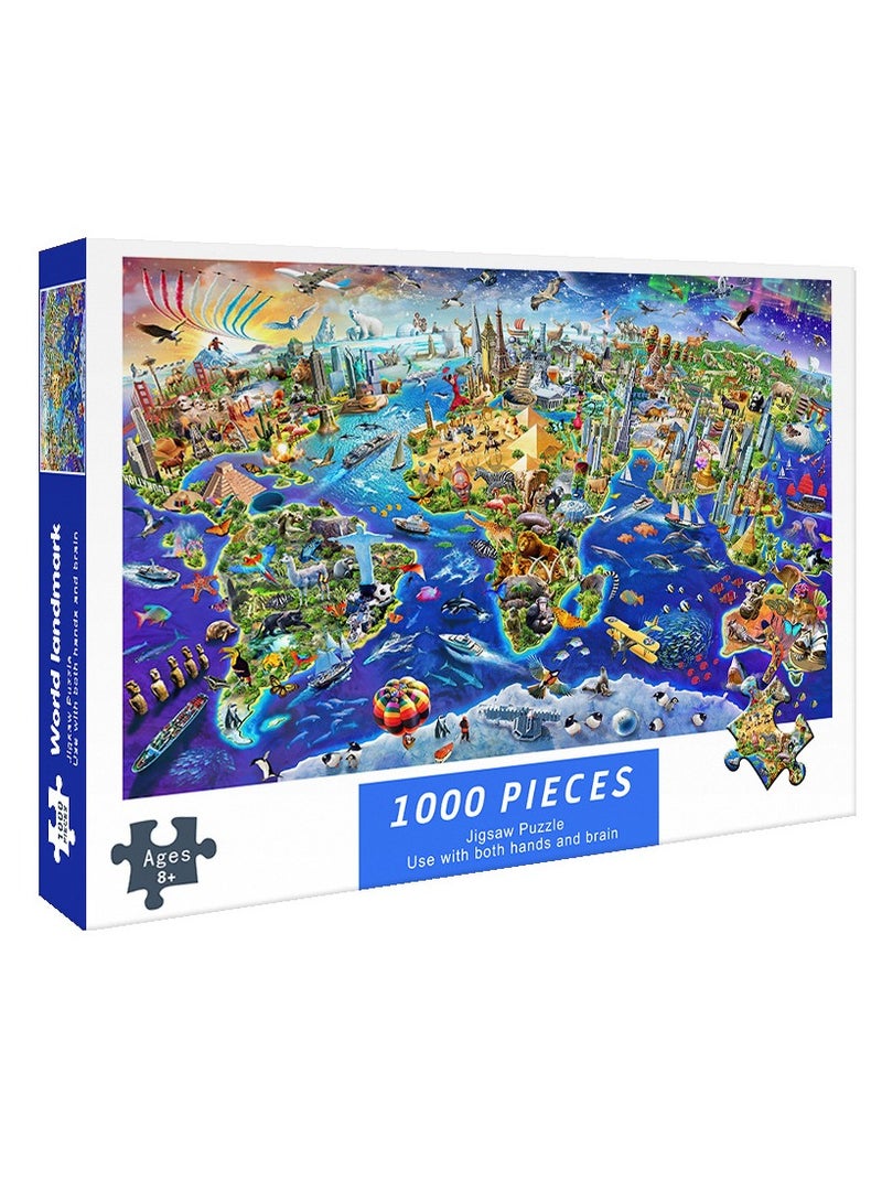 1000pcs Adult Cartoon Puzzle, World Landmark, Canvas Size 75cm * 50cm  - Image 1