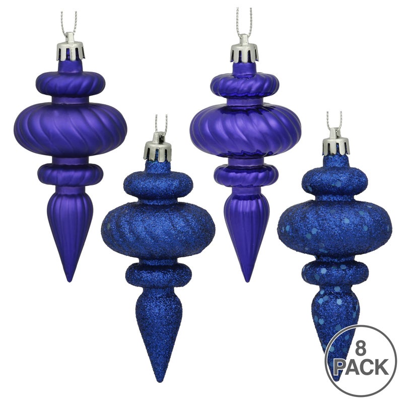 Vickerman 4"" 4-Finish Finial Ornament  Shatterproof Plastic Christmas Tree Decoration  8 Pack  Cobalt Blue Shiny  Matte  Glitter and Sequin Finishes - Image 2