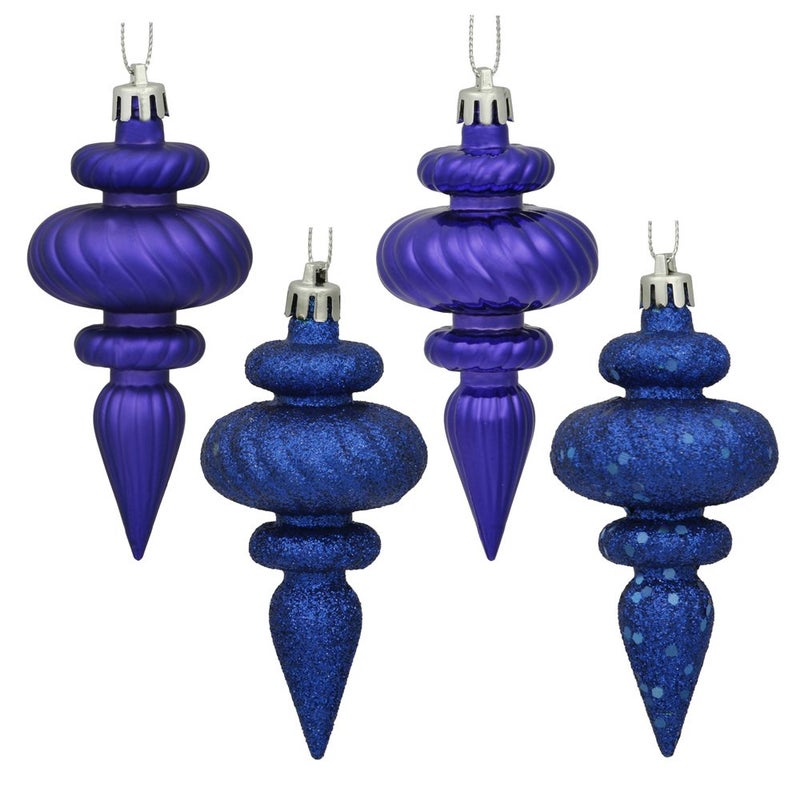 Vickerman 4"" 4-Finish Finial Ornament  Shatterproof Plastic Christmas Tree Decoration  8 Pack  Cobalt Blue Shiny  Matte  Glitter and Sequin Finishes - Image 1