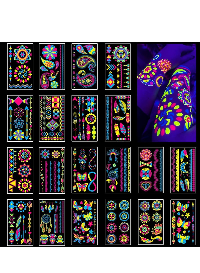 SYOSI تاتو مؤقت 20 ورقة يتوهج في الظلام تحت الضوء الأسود النيون، تاتو مؤقت للفتيات والنساء الكبار، تاتو حفلات يتوهج، مستلزمات حفلات تتوهج في الظلام، هدايا عيد ميلاد للنساء والفتيات - Image 1