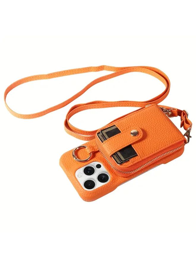 Beige Faux Leather Phone Case With Hook Lanyard Zipper Card Holder For IPhone 16 - Image 2