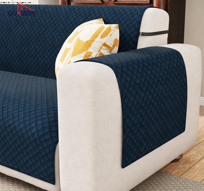 Lukzer 5 Seater Blue Indigo Quilted Velvet Sofa Mat | 200 GSM Soft Washable & Removable Couch Protector | Anti-Slip Elastic Strap Cover for Living Room, Pet & Spill Protection (3+1+1 Seater/SC-197-05) - Image 4