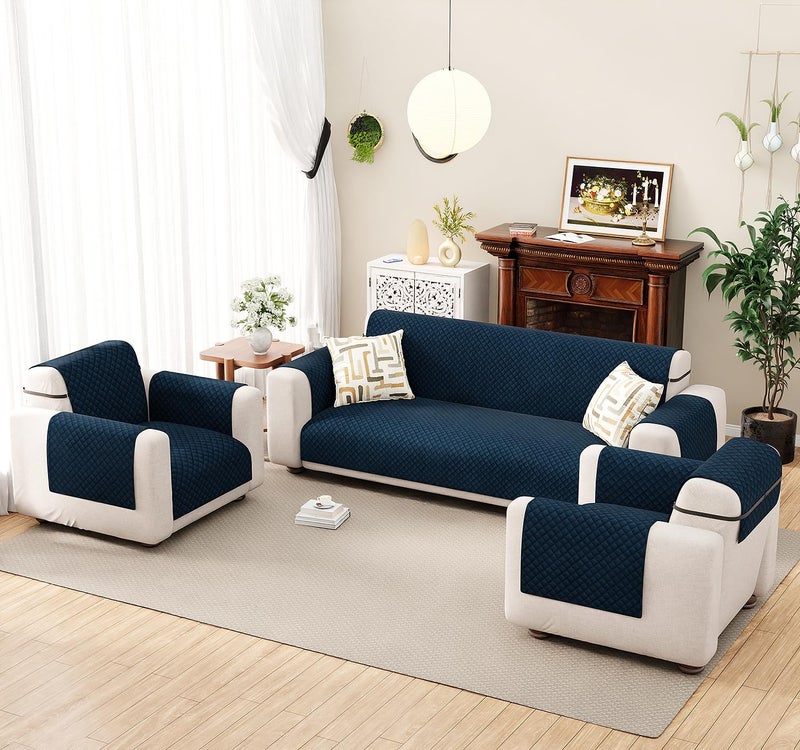 Lukzer 5 Seater Blue Indigo Quilted Velvet Sofa Mat | 200 GSM Soft Washable & Removable Couch Protector | Anti-Slip Elastic Strap Cover for Living Room, Pet & Spill Protection (3+1+1 Seater/SC-197-05) - Image 1