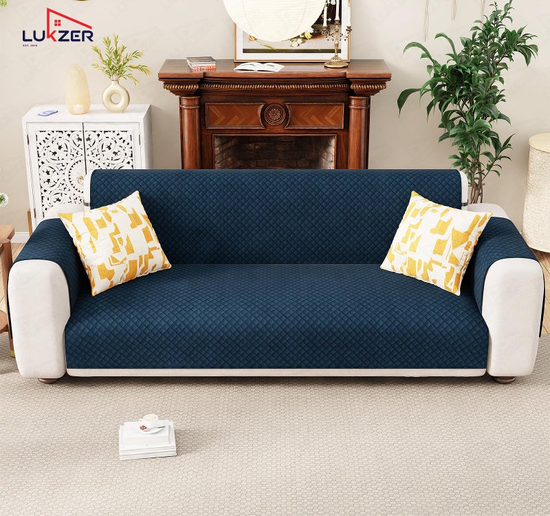 Lukzer 5 Seater Blue Indigo Quilted Velvet Sofa Mat | 200 GSM Soft Washable & Removable Couch Protector | Anti-Slip Elastic Strap Cover for Living Room, Pet & Spill Protection (3+1+1 Seater/SC-197-05) - Image 3
