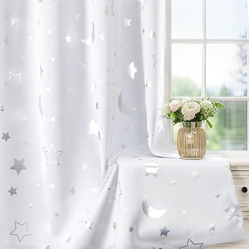 WUBODTI Grey White Blackout Star Curtains for Kids Bedroom 2 Panel Sets 72 Inches Long, Grommet Space Decor Cute Nusery Drapes Room Darkening Thermal Insulated Curtains for Boys Baby Room - Image 1