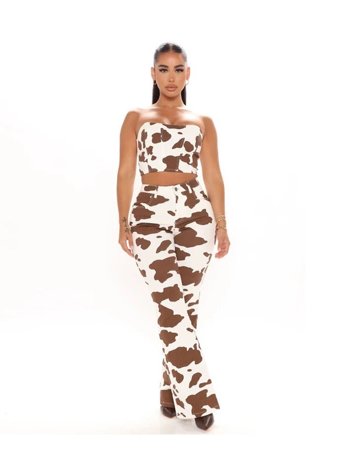 Loquat Print Brown Denim High-waisted Trousers Woman On White Background - Image 1