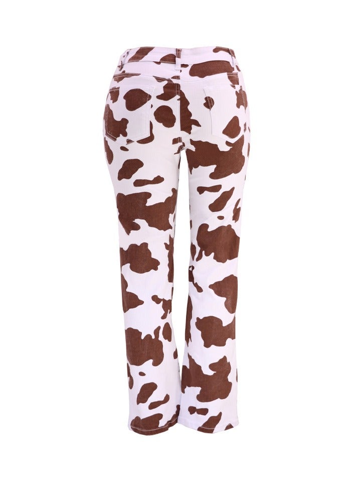 Loquat Print Brown Denim High-waisted Trousers Woman On White Background - Image 2