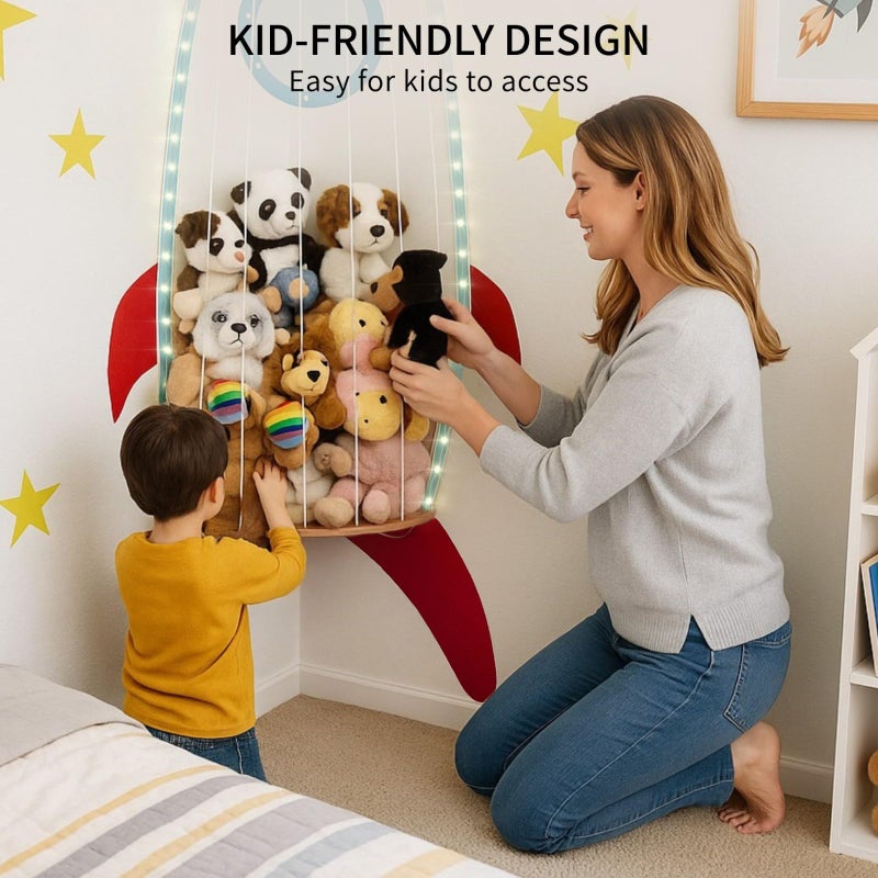 PUTSKA Nursery Furniture Hanging Organizer â€“ Wall Mounted Stuffed Animal Storage for Baby Room, Corner Plush Collection Display & Nursery Organization System, Space-Saving Vertical Storage - Spaceship - Image 2