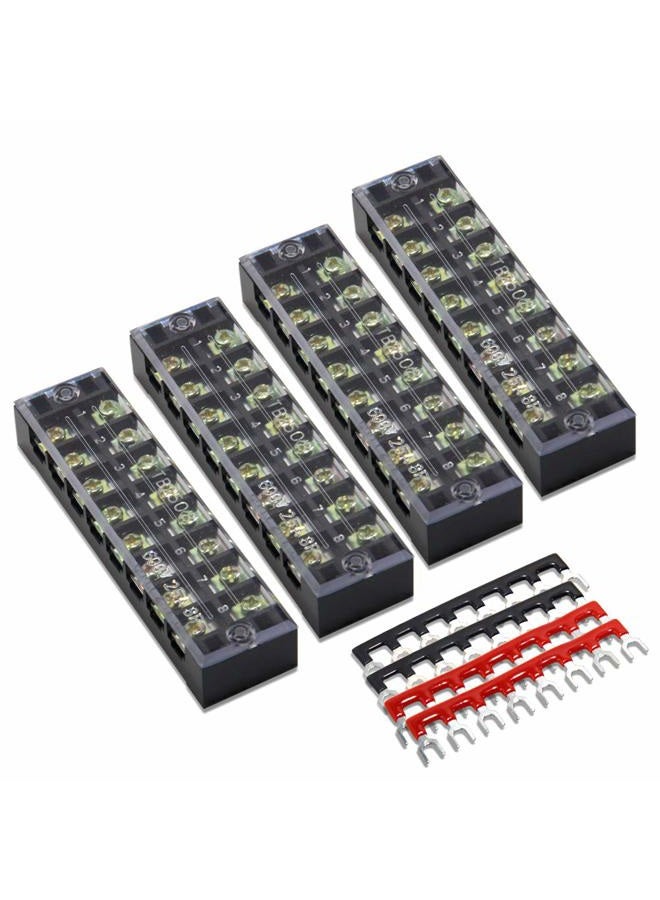 MILAPEAK 8pcs (4 Sets) 8 Positions Dual Row 600V 25A Screw Terminal Strip Blocks with Cover + 400V 25A 8 Positions Pre-Insulated Terminals Barrier Strip (Black & Red) - Image 1