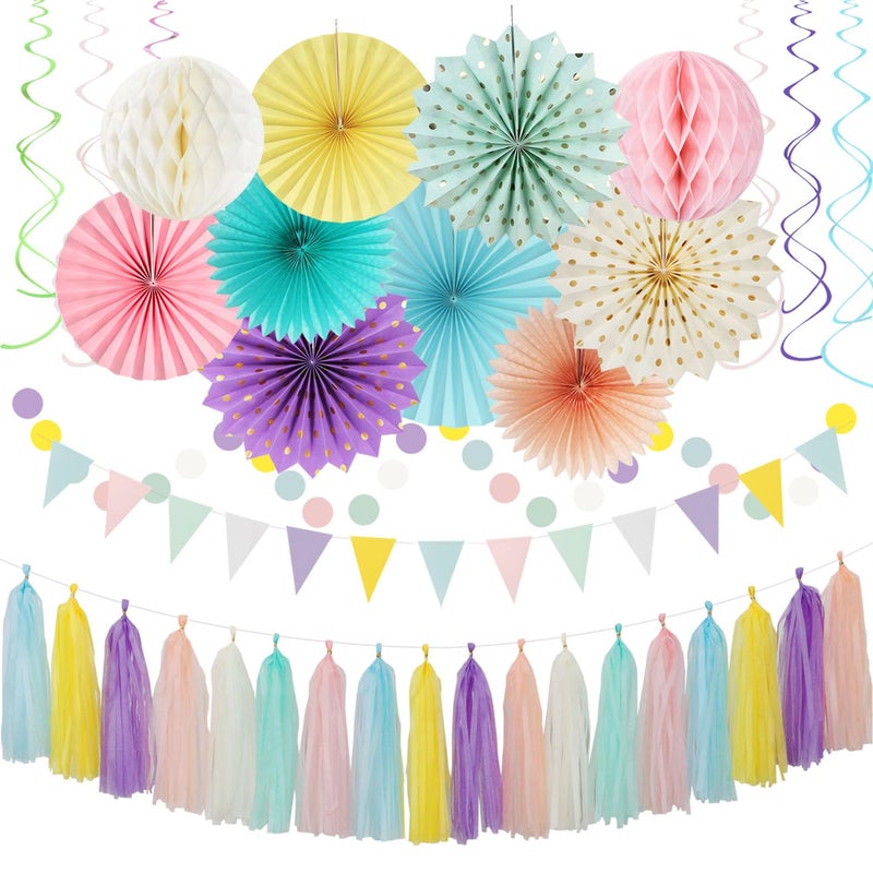 Pastel Rainbow Pink Purple Yellow Peach PartyDecorations 33pcs Kits BannerStreamers Tassel GarlandTissue Pom Poms HoneycombPaper Lantern FansBirthday Wedding Bridal Baby Shower Decor Hugtmr
