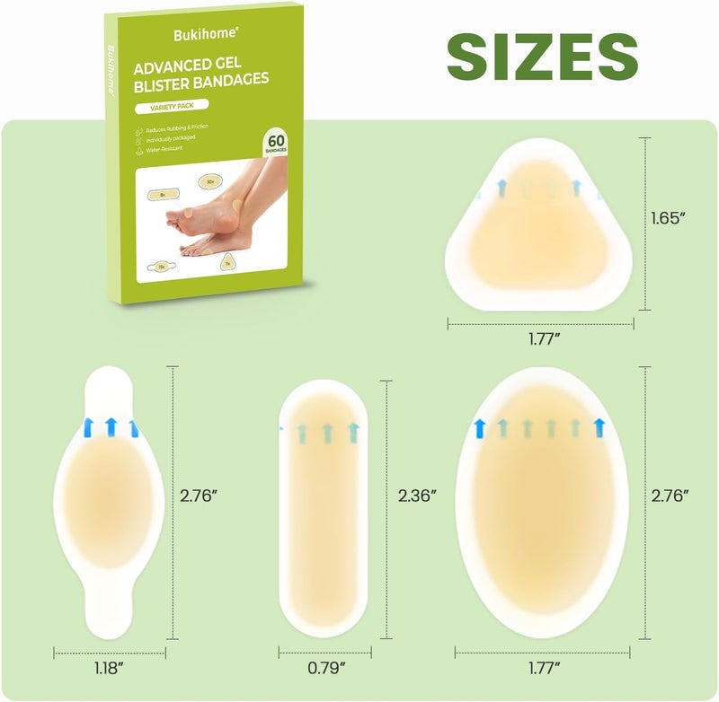 Bukihome Gel Blister Hydrocolloid Bandages  60Pcs Blister Cushions for Foot  Water Resistant Adhesive Bandages Toe Blister Pads for Prevention  Recovery Reduce Friction with Heels Variety Pack - Image 4