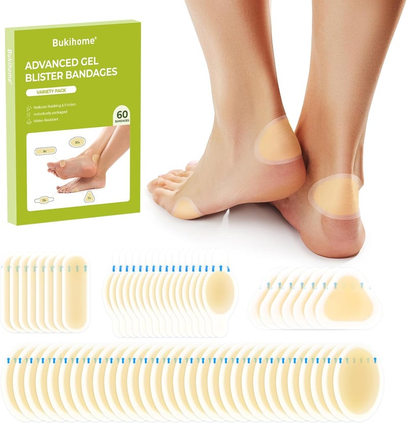 Bukihome Gel Blister Hydrocolloid Bandages  60Pcs Blister Cushions for Foot  Water Resistant Adhesive Bandages Toe Blister Pads for Prevention  Recovery Reduce Friction with Heels Variety Pack - Image 1