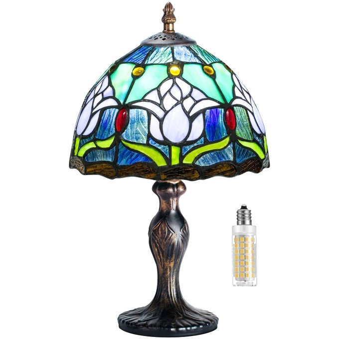 STAINED GLASS TABLE LAMPSTAINED GLASS CRYSTAL BEAD STYLE TABLE LIGHT HANDMADE DESK BEDSIDE NIGHT LIGHT ANTIQUE ART CRAFT GIFTS LOVER LIVING ROOM BEDROOM BOOKCASEBLUE TULIPS