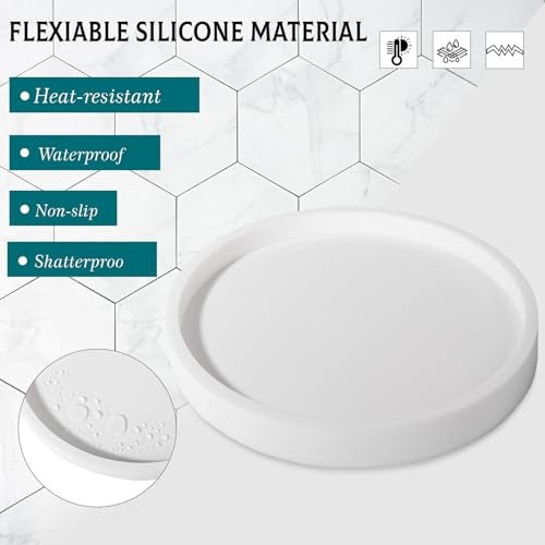 Heagoale Silicone Bathroom Tray Round Vanity Tray Decorative Soap Holder Kitchen Countertop Organizer Coffee Table Decor for Candle, Perfume, Plant, 9 Inch, White - Image 4