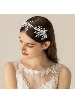Oriamour Bridal Headpieces For Women Handmade Wedding Headbands For Bride Hair Accessories Flower-Leaf Bridal Headband Wedding Hair Piece With Pearls (Silver)  - Image 2