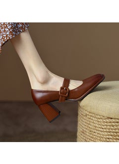 French Vintage Womens Shoes 2023 New Style Thick Heel Shallow Mouth High Heel Shoes Brown Soft Leather One-Row Mary Sandals Brown