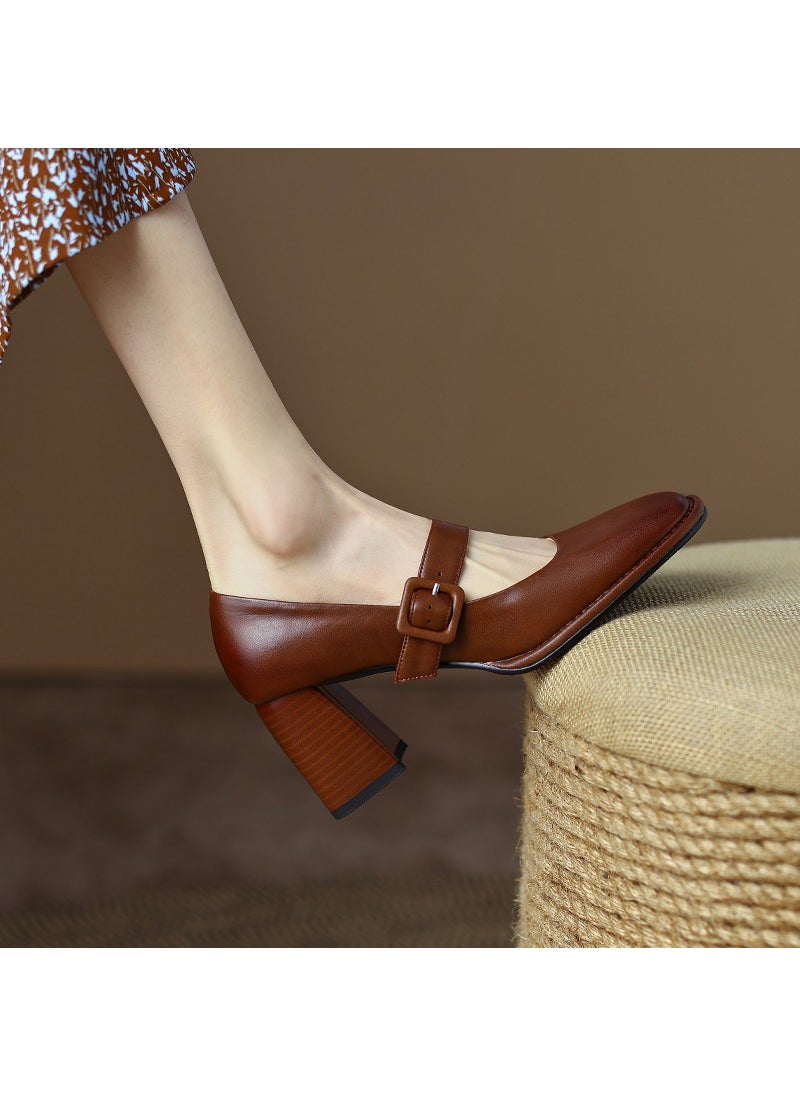Generic - French Vintage Womens Shoes 2023 New Style Thick Heel Shallow Mouth High Heel Shoes Brown Soft Leather One-Row Mary Sandals Brown - Image 1