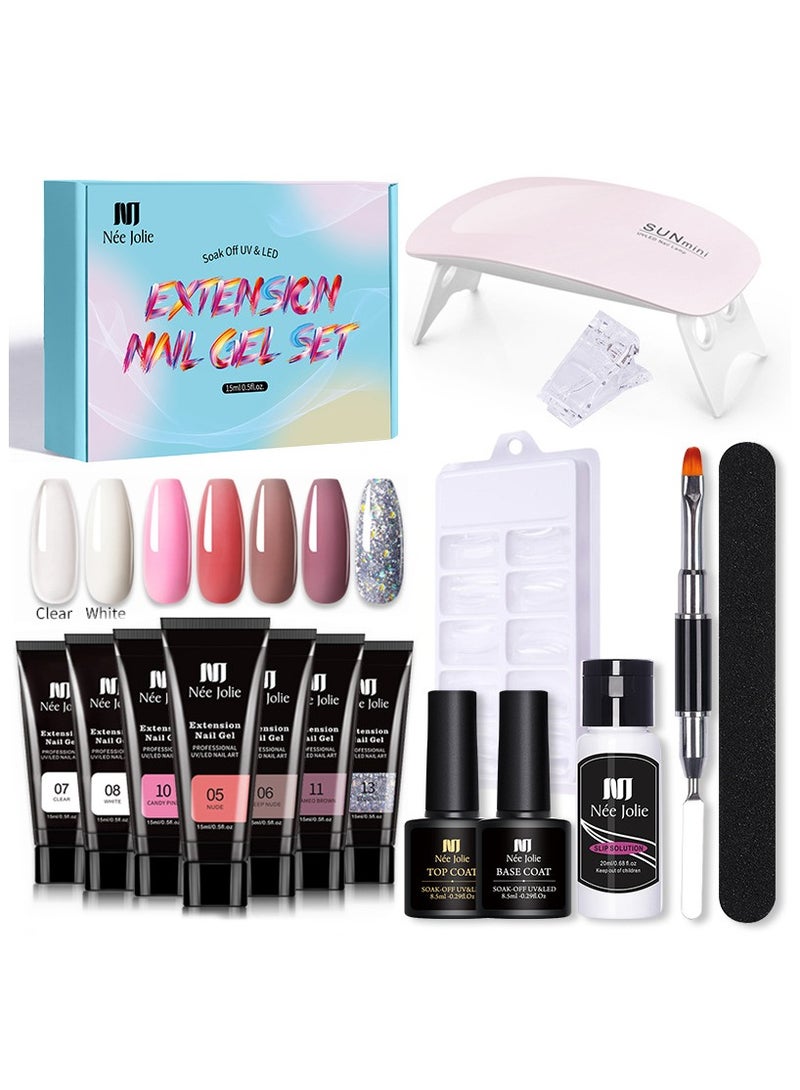 Nee Jolie 7 Color Poly Gel Nail Kit with UV Light Nails Extension Gel Set for DIY at Home Women Gift - Image 1