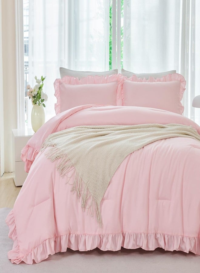 ANGIYUIN 5 Pieces Pink Comforter Set Queen Size Ruffled Bedding Sets Farmhouse Bed Comforter Set with Ruffle Design Solid Color Fluffy Bed in A Bag for Women(Pink Queen) - Image 2